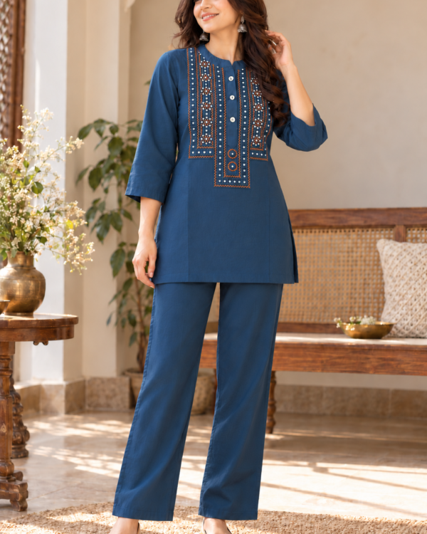 Teal Blue Embroidered Rayon Kurta Pant Set