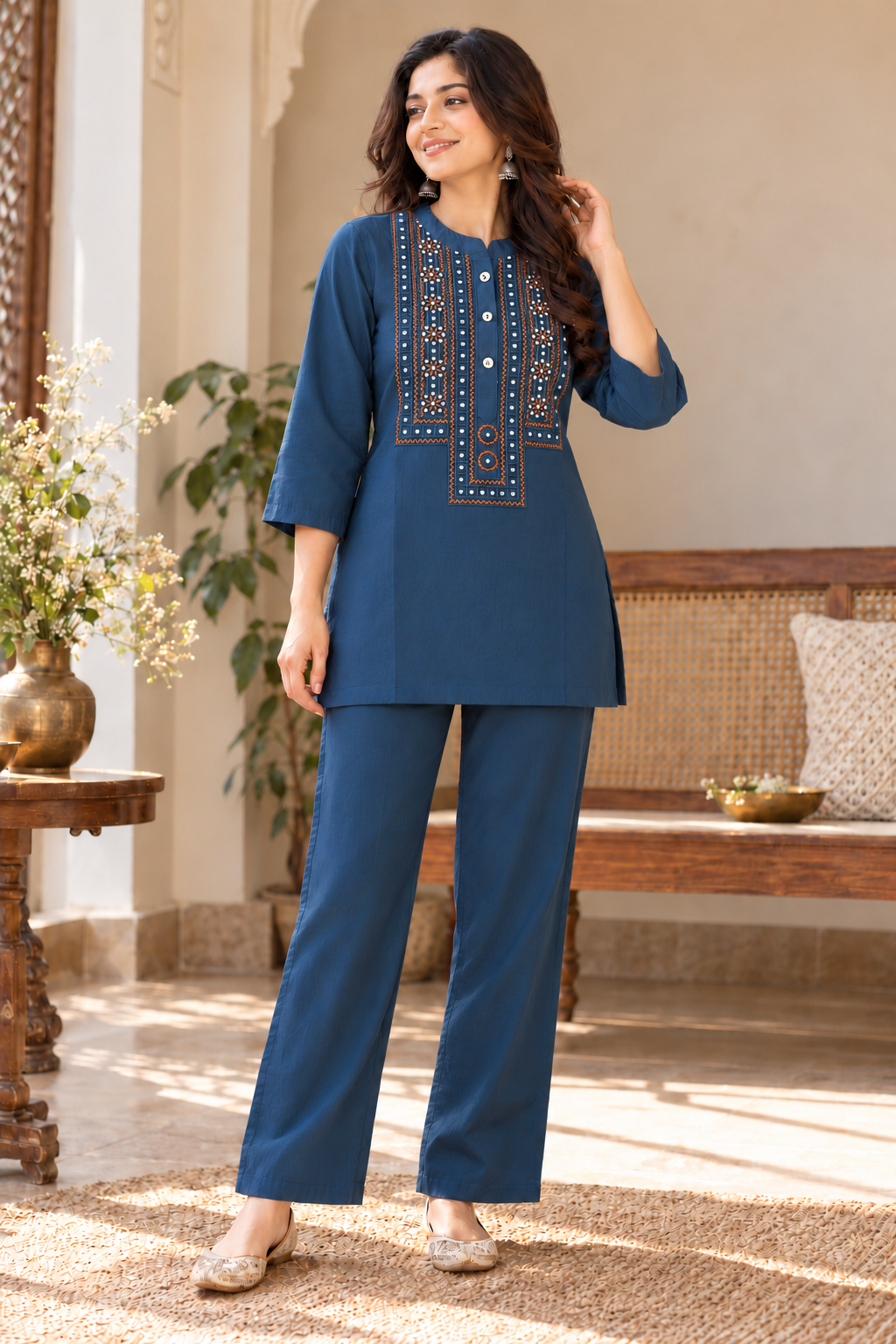 Teal Blue Embroidered Rayon Kurta Pant Set