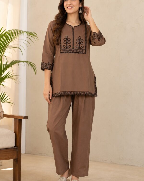 Taupe Thread Embroidered Cotton Blend Kurta Pant Set