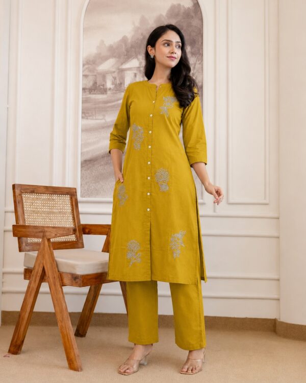 Mustard Floral Thread Embroidered Cotton Blend Kurta Pant Set
