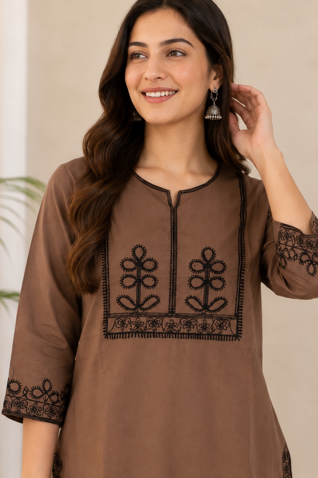 Taupe Thread Embroidered Cotton Blend Kurta Pant Set - Image 4