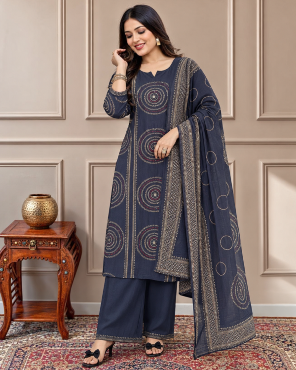 Navy Blue Printed Cotton Kurta and pant with dupatta