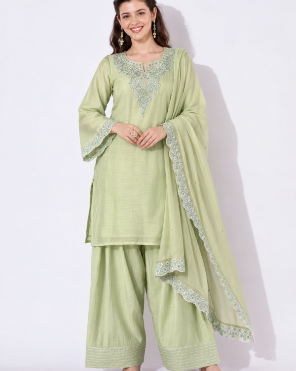 Light Green Embroidered Mul Chanderi Kurta and Pant with Dupatta