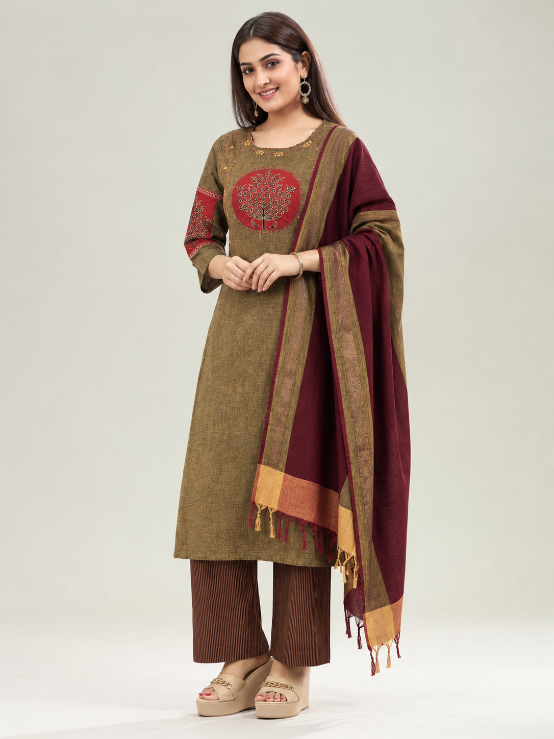 Brown and Maroon Embroidered kurta and pant with dupatta