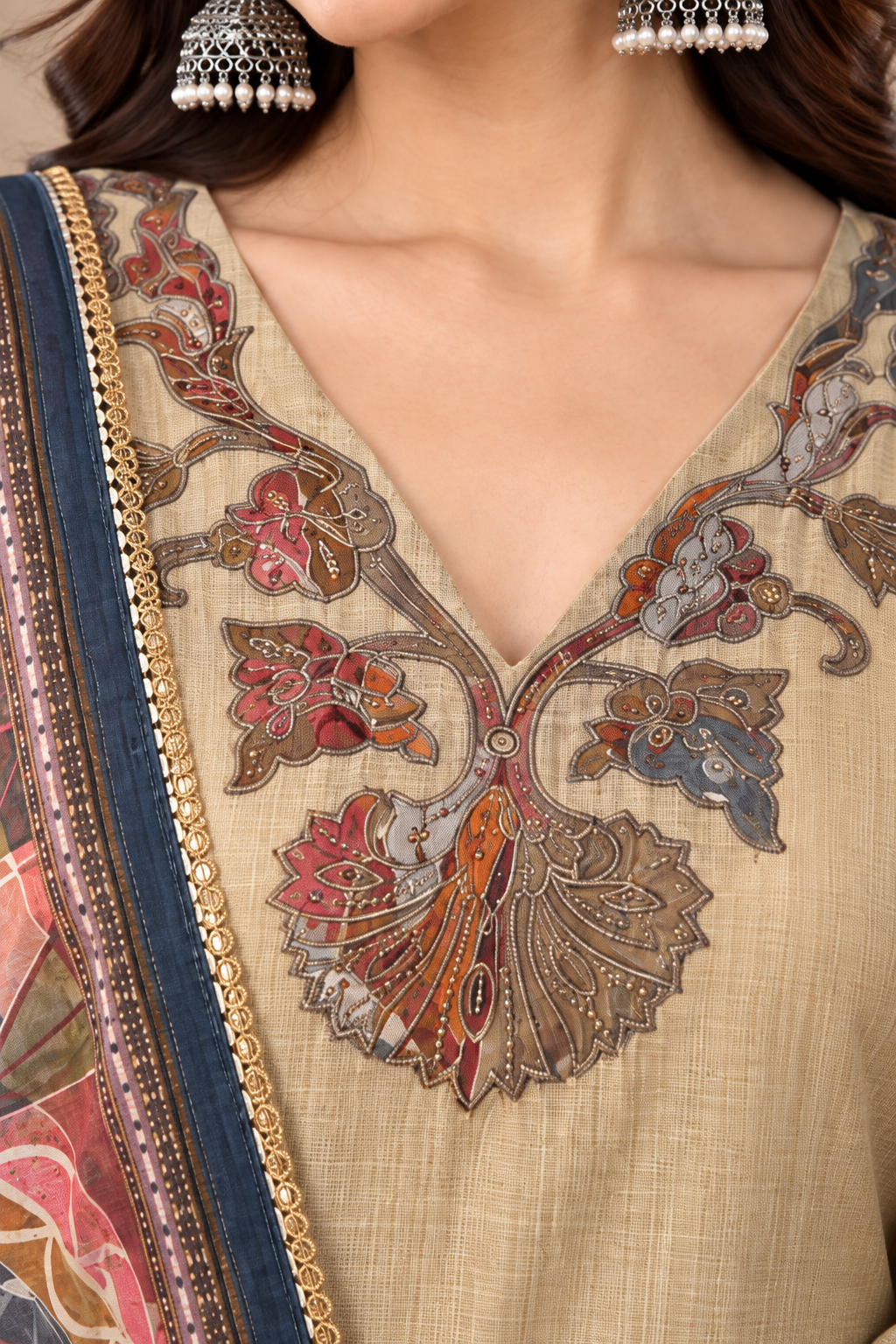 Beige Jamdani Cotton Kurta and Pant With Dupatta - Image 2