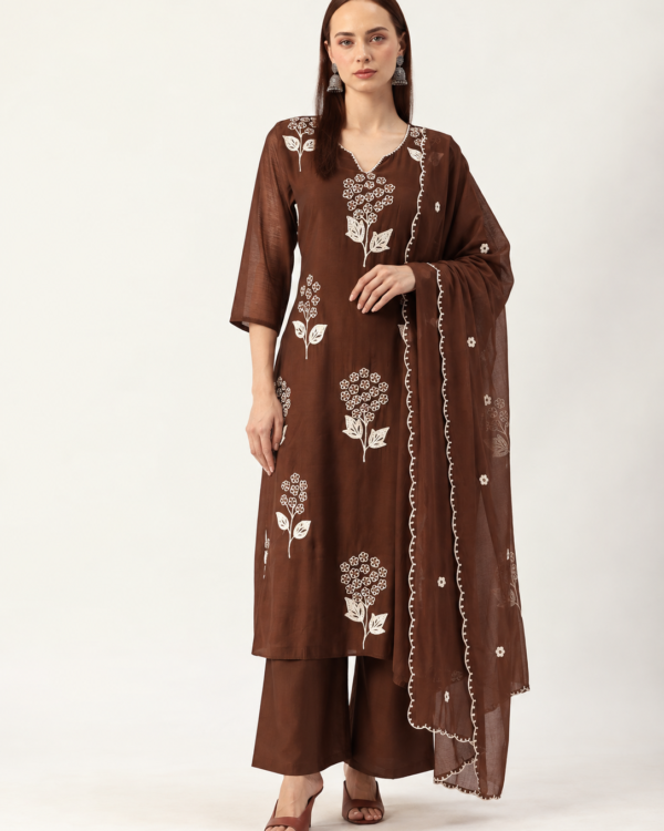 Brown Embroidered Chanderi Kurta and pant with dupatta
