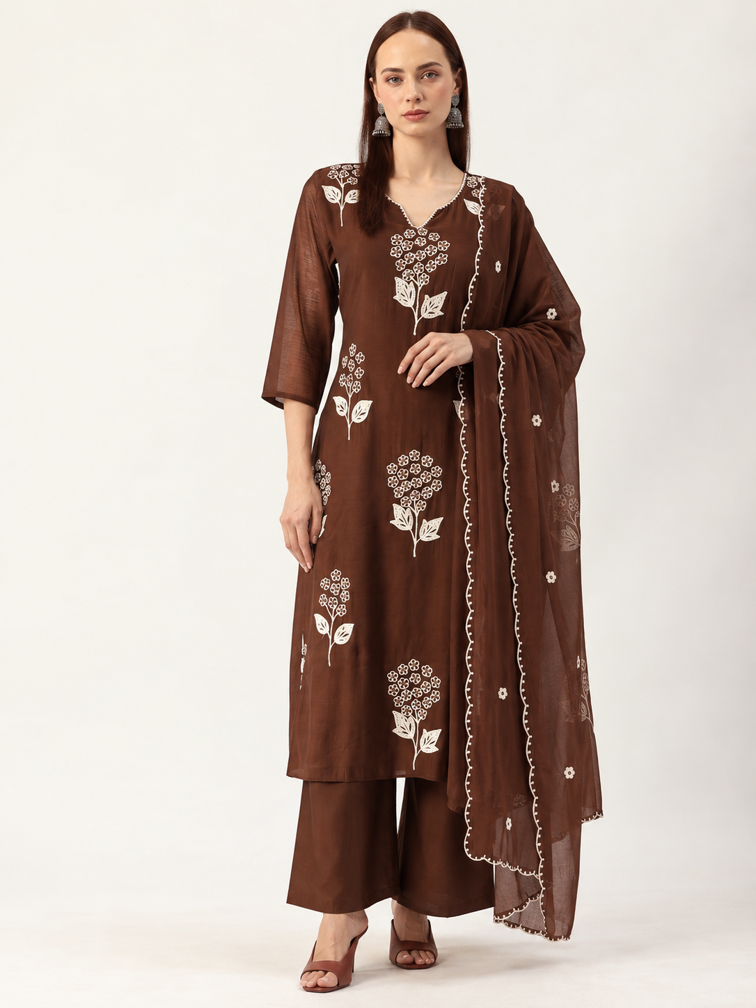 Brown Embroidered Chanderi Kurta and pant with dupatta