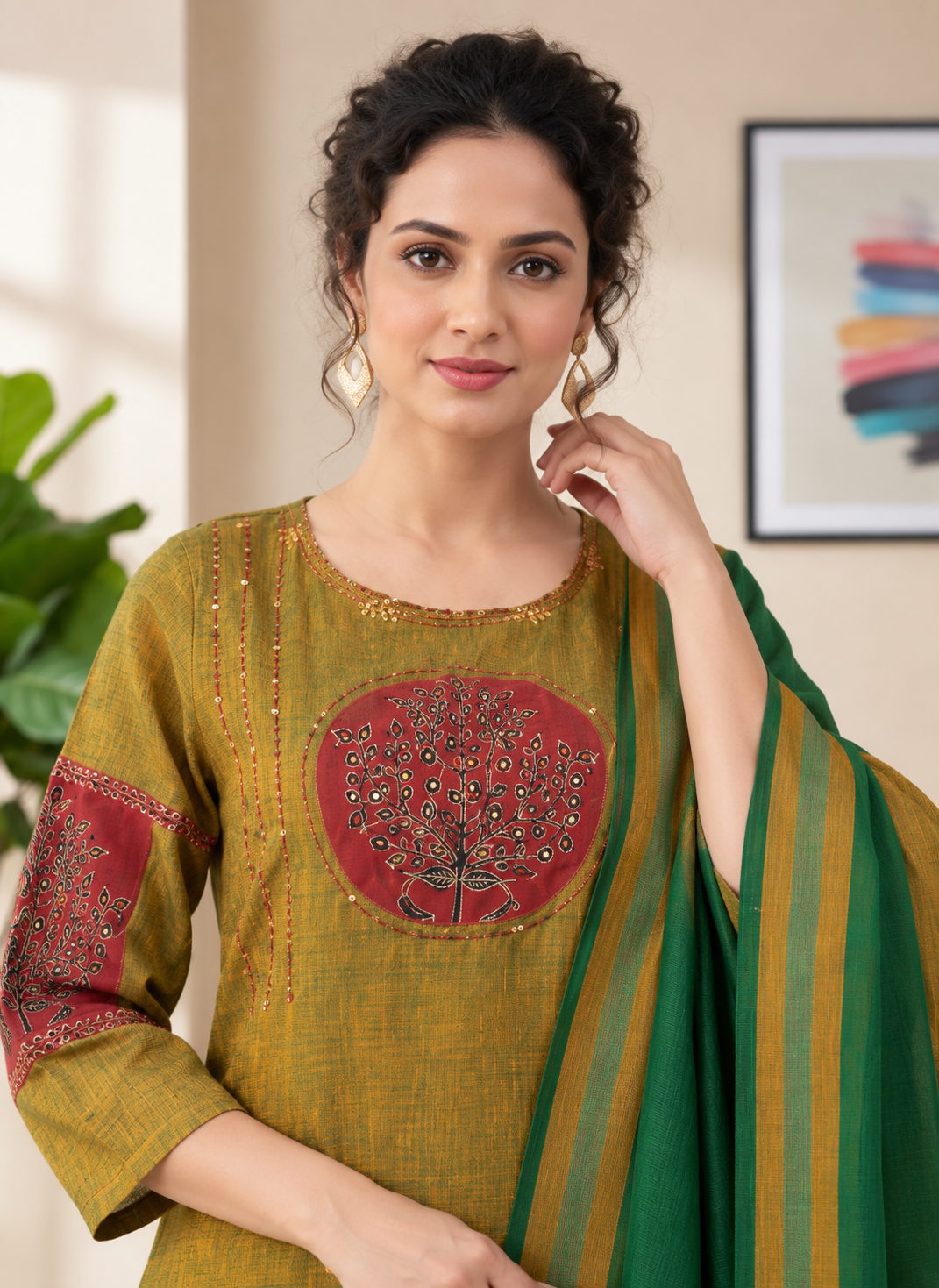 Green and Maroon Embroidered kurta and pant with dupatta - Image 2