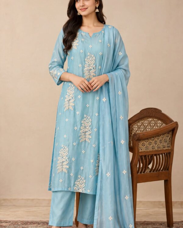 Sky Blue Floral Embroidered Mul Chanderi Kurta and pant with Dupatta