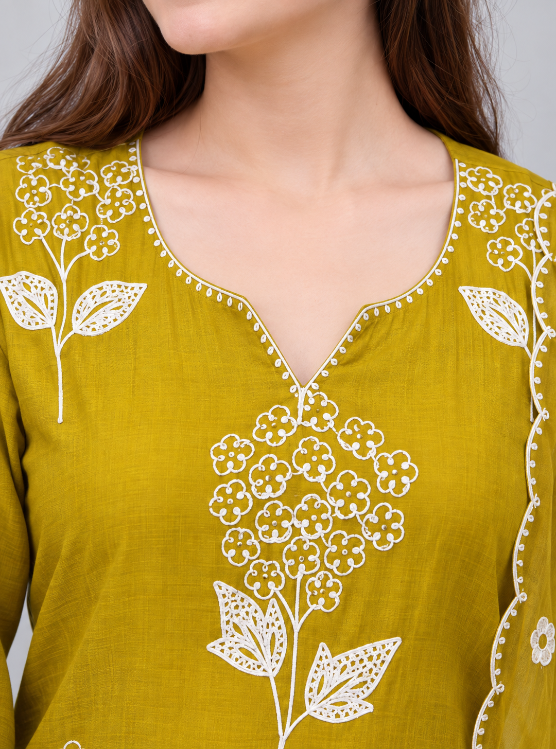 Mustard Yellow Embroidered Chanderi Kurta and pant with dupatta - Image 2
