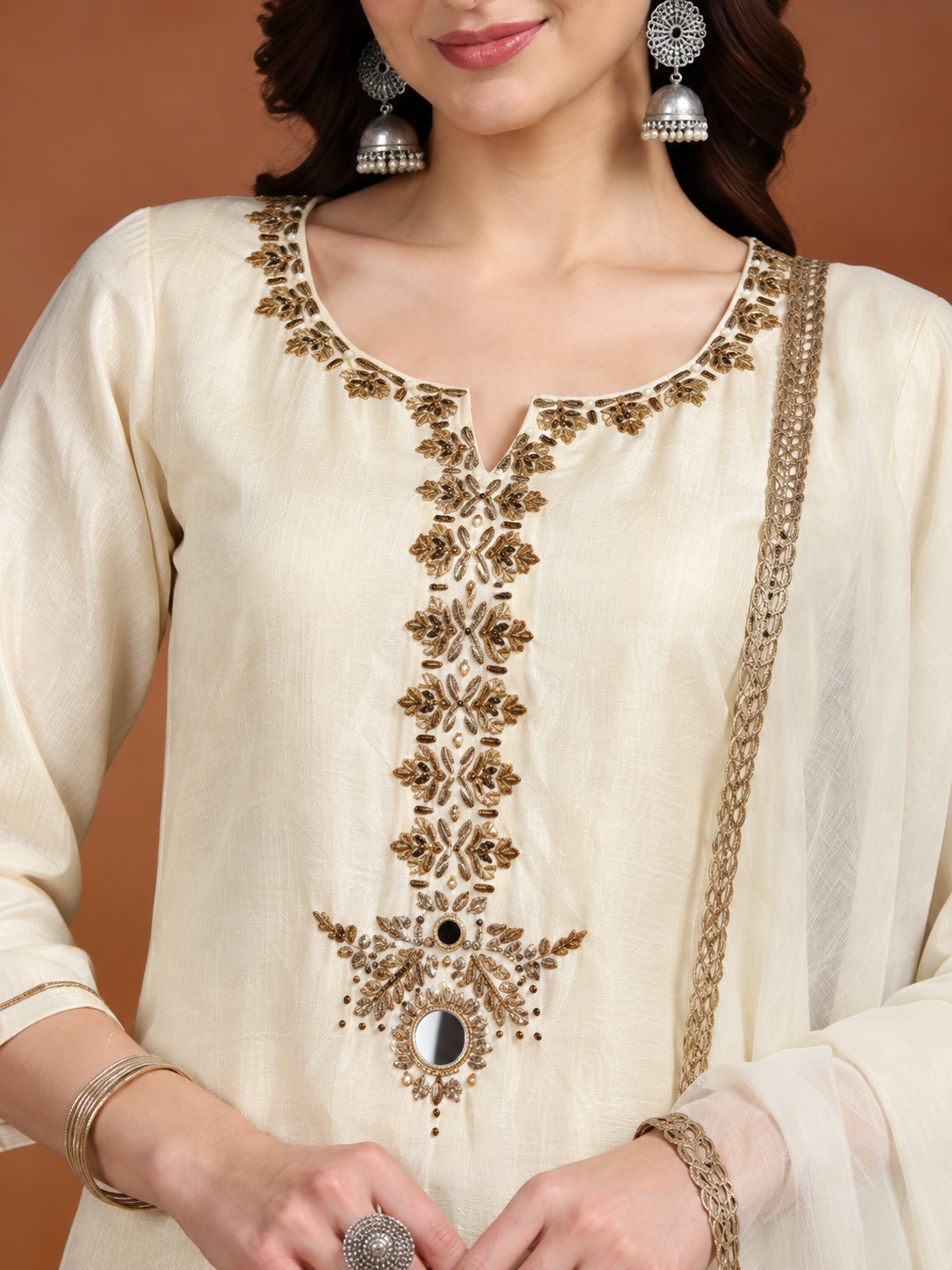 Ivory Embroidered Dola Silk Kurta and Palazzo with dupatta - Image 2