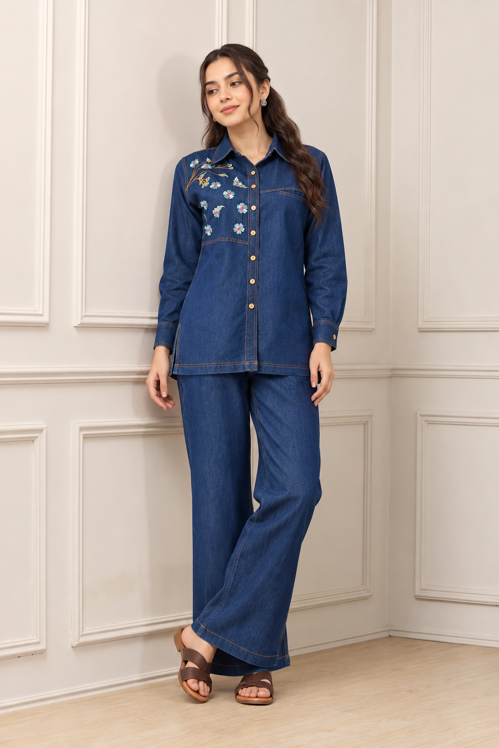 Blue Embroidered Denim Co-ord Set