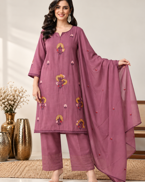 Light Purple Embroidered Mul Chanderi Kurta and pant with Dupatta