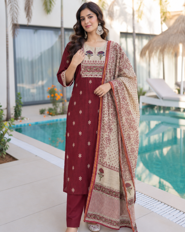 Red Printed Cotton Kurta and pant with dupatta