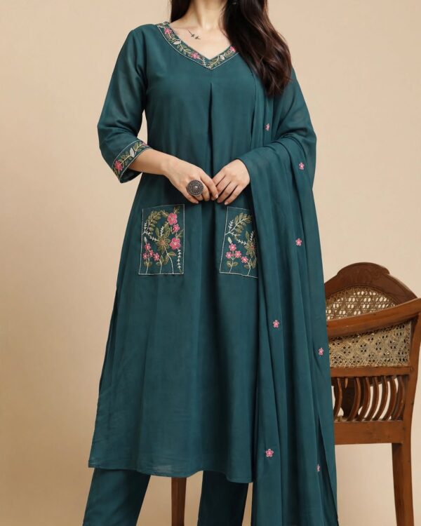 Teal Blue Embroidered Mul Chanderi Kurta and Pant with Dupatta