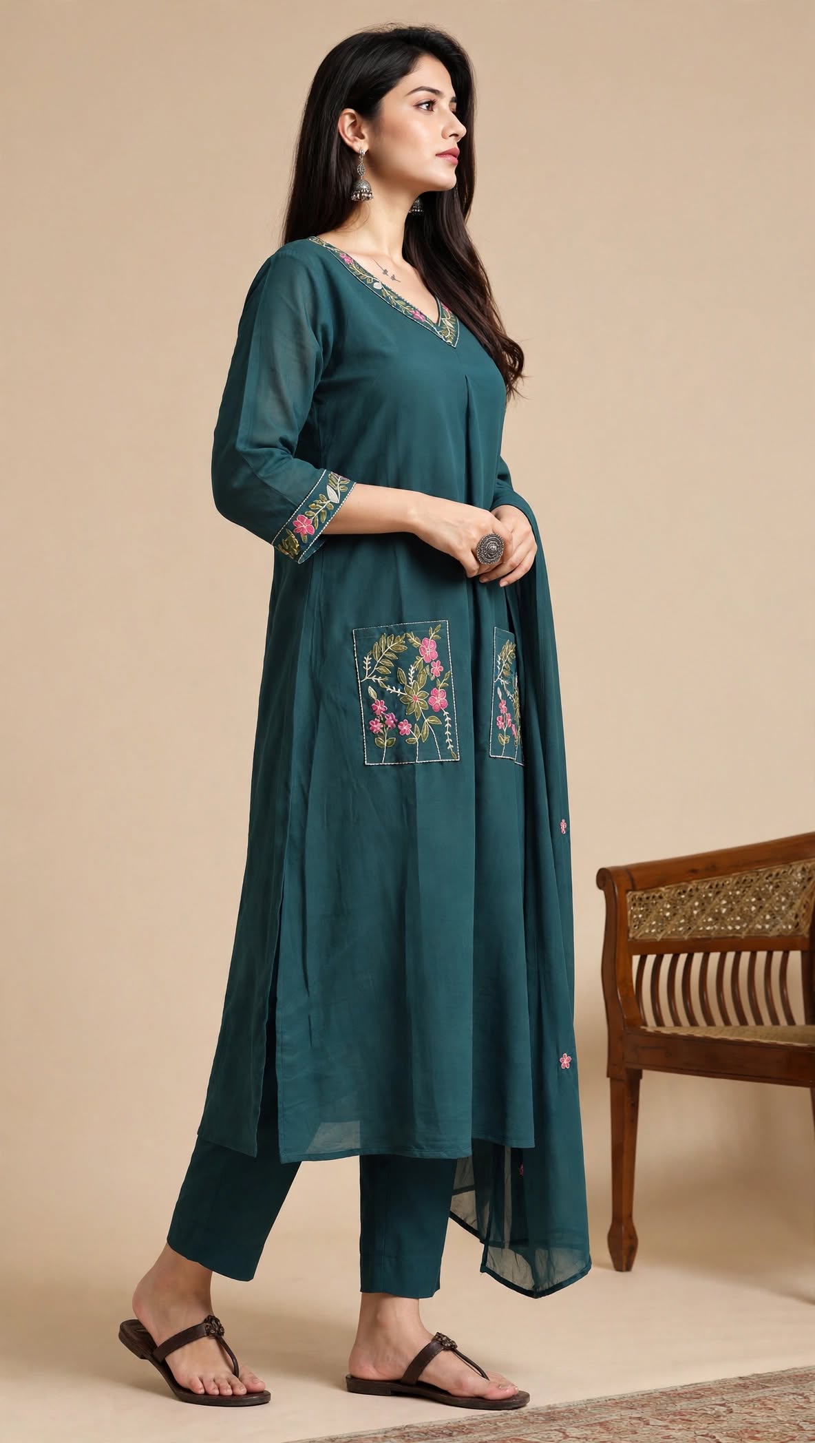 Teal Blue Embroidered Mul Chanderi Kurta and Pant with Dupatta - Image 4