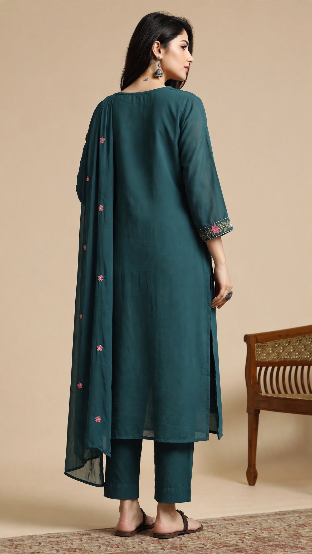 Teal Blue Embroidered Mul Chanderi Kurta and Pant with Dupatta - Image 2