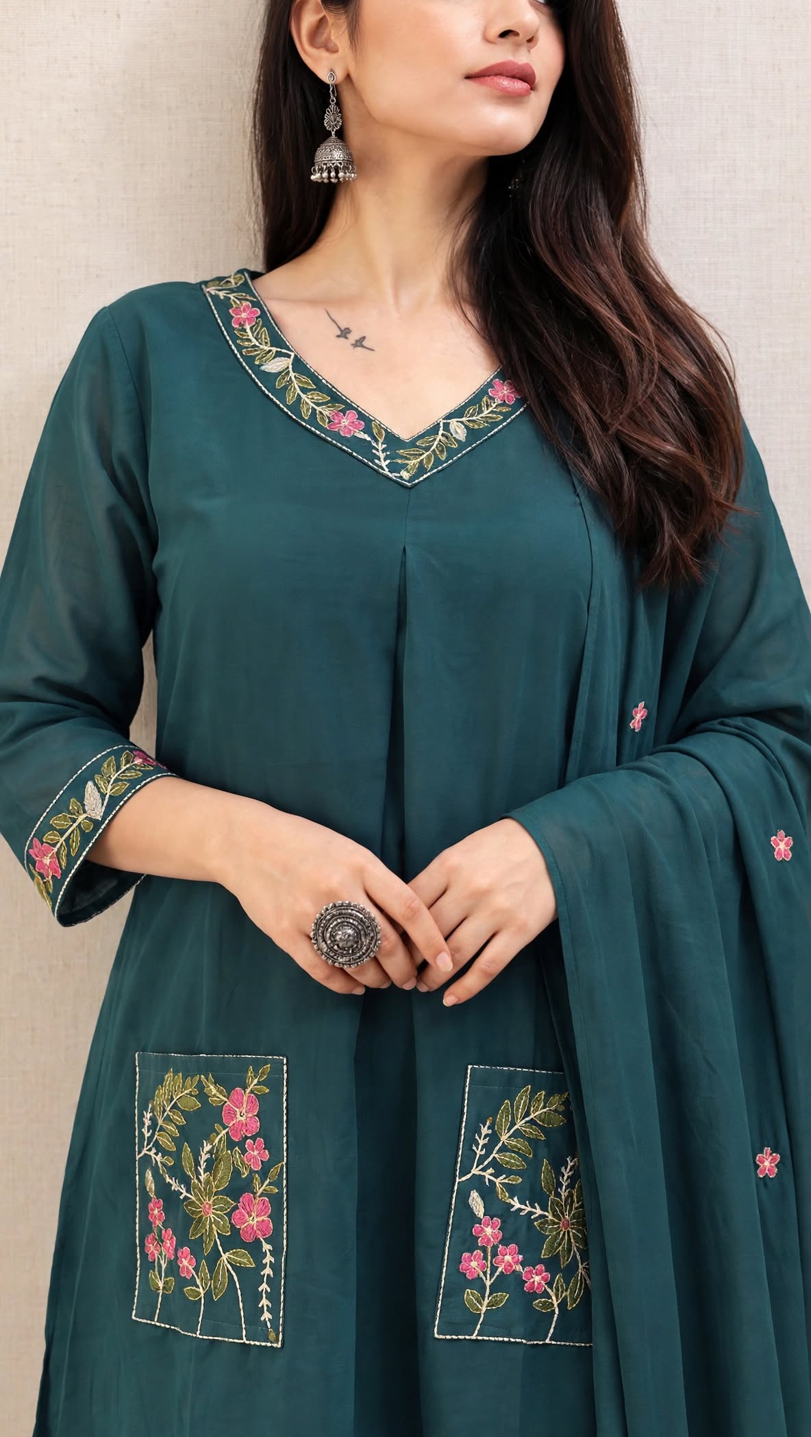 Teal Blue Embroidered Mul Chanderi Kurta and Pant with Dupatta - Image 3