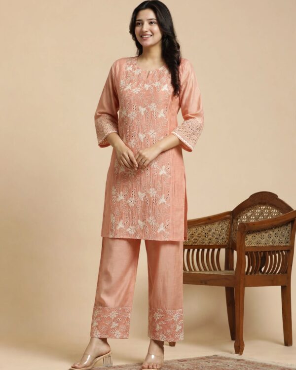 Pink Embroidered Mul Chanderi Kurta Pant Set