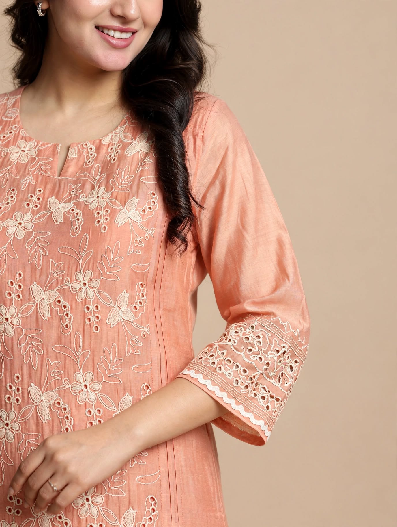 Pink Embroidered Mul Chanderi Kurta Pant Set - Image 3