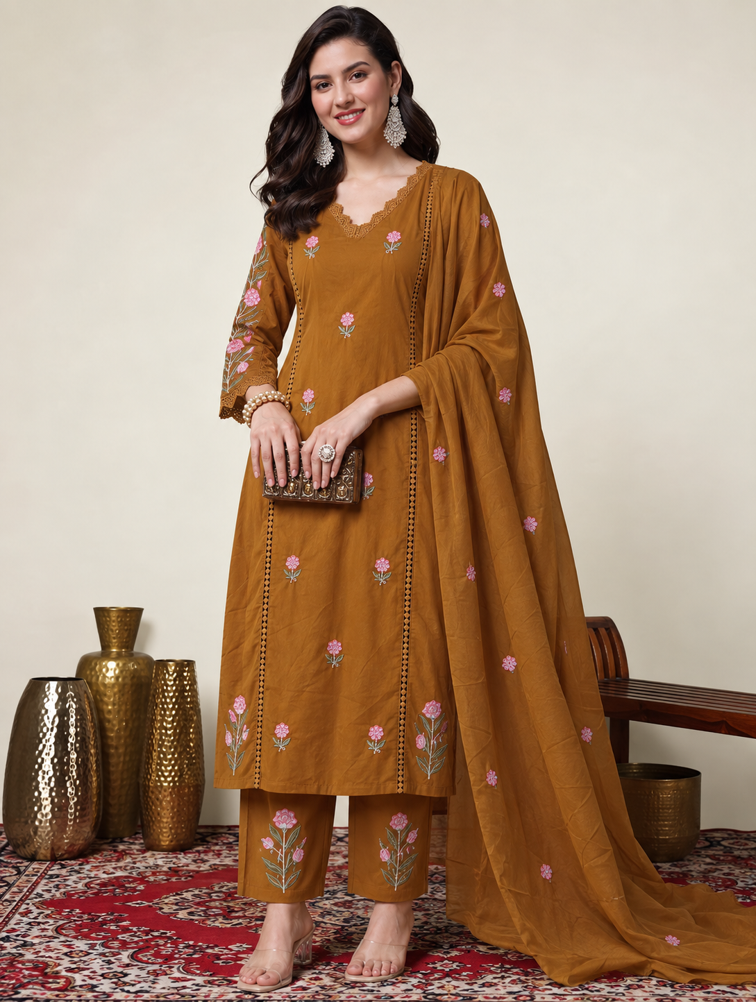 Mustard Floral Embroidered Mul Cotton Kurta and pant with Dupatta - Image 2