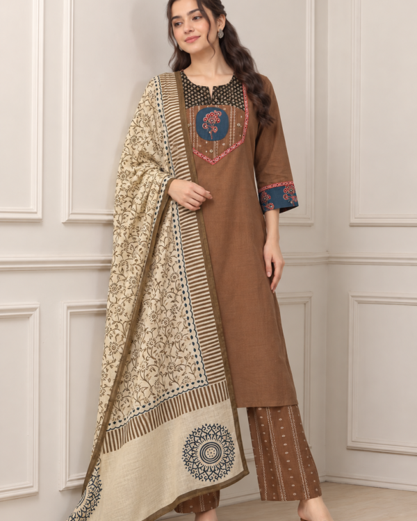 Brown Handloom Cotton Kurta and Pant With Dupatta