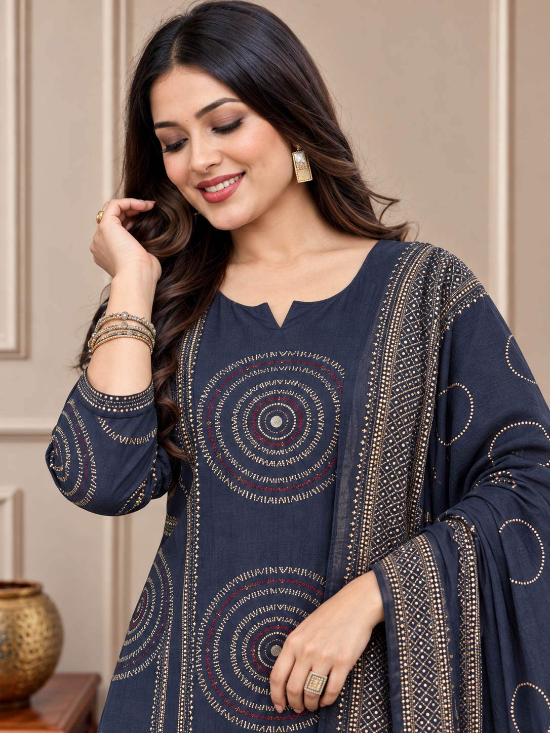 Navy Blue Printed Cotton Kurta and pant with dupatta - Image 3
