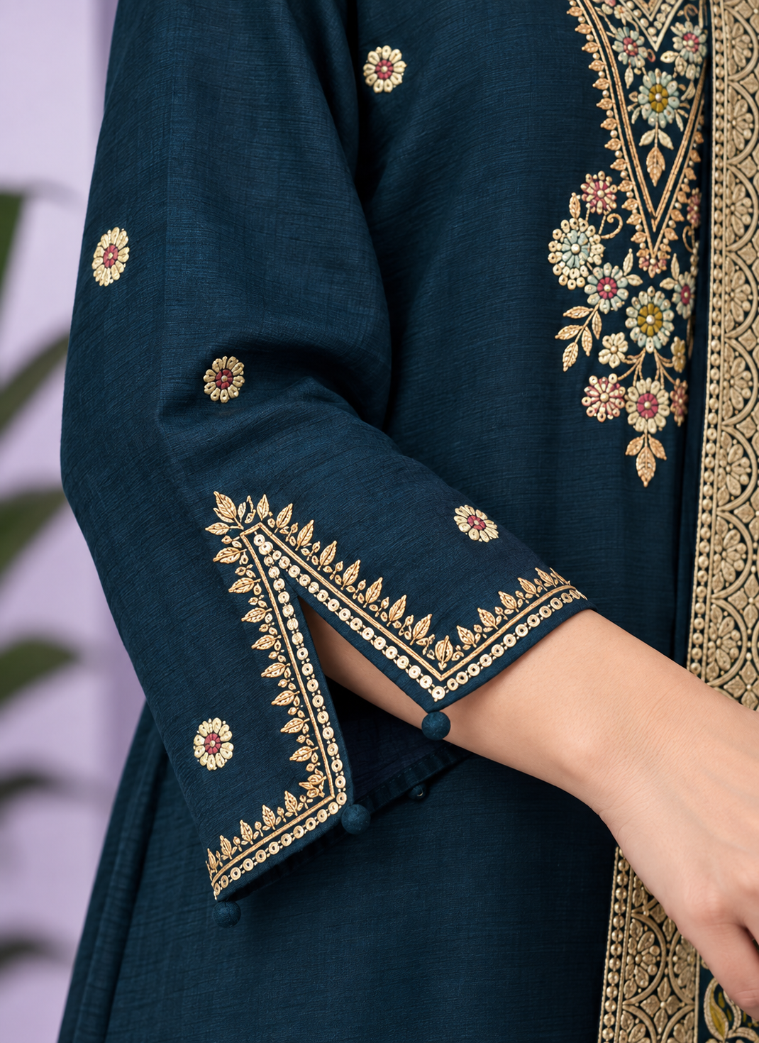 Navy Blue Embroidered Dola Silk Kurta and Pant with dupatta - Image 4