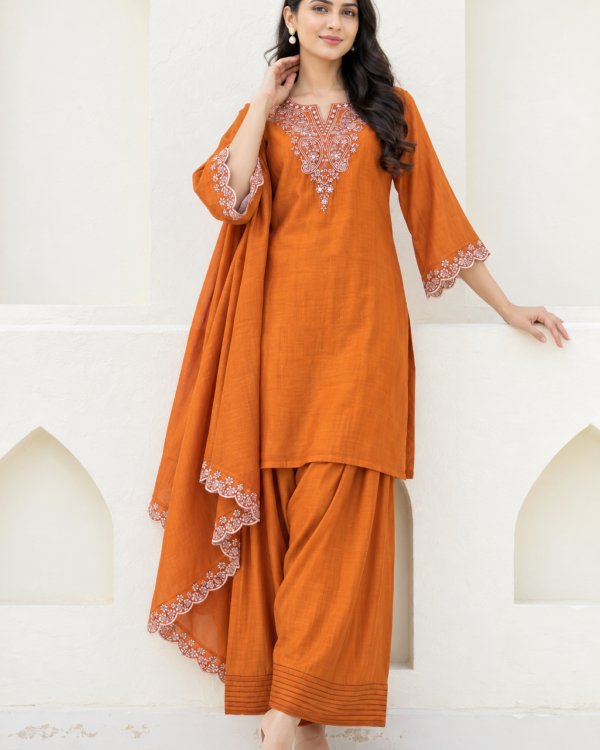 Rust Orange Embroidered Mul Chanderi Kurta and pant with Dupatta