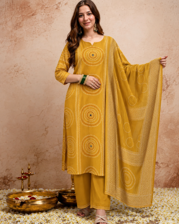 Mustard Yellow Printed Cotton Kurta and pant with dupatta