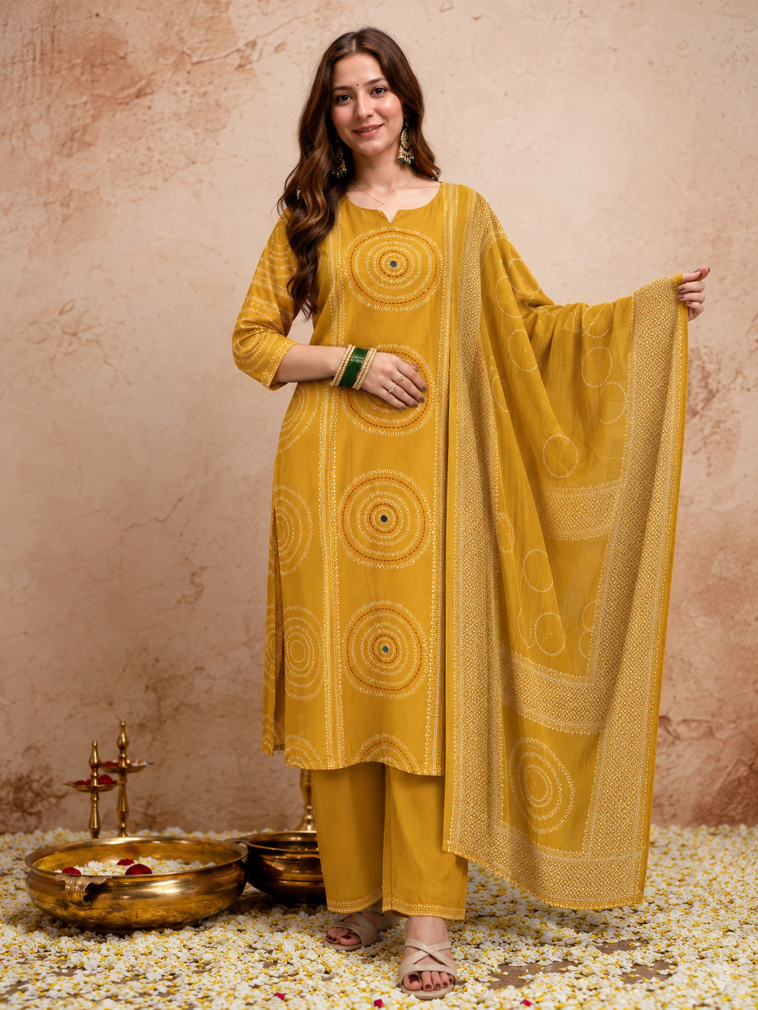 Mustard Yellow Printed Cotton Kurta and pant with dupatta