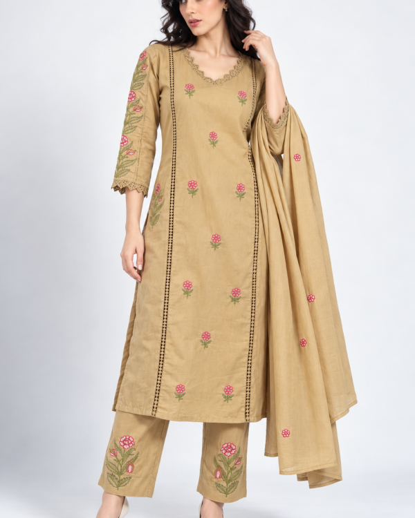 Cream Floral Embroidered Mul Cotton Kurta and Pant with Dupatta