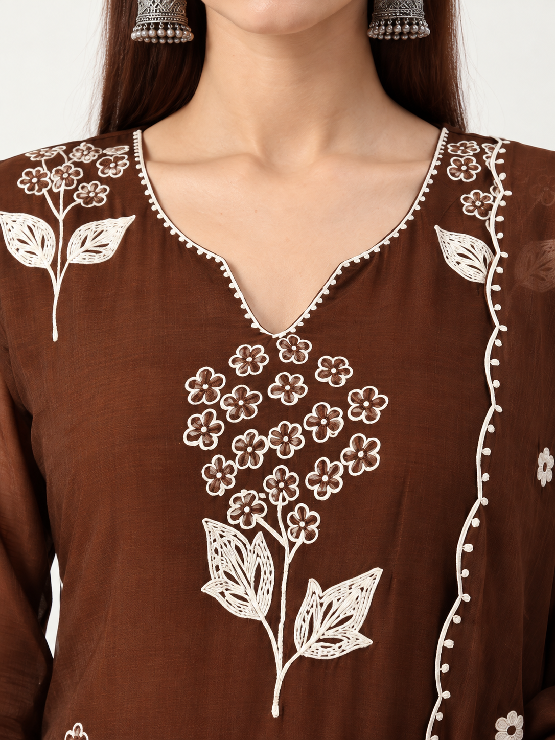 Brown Embroidered Chanderi Kurta and pant with dupatta - Image 2