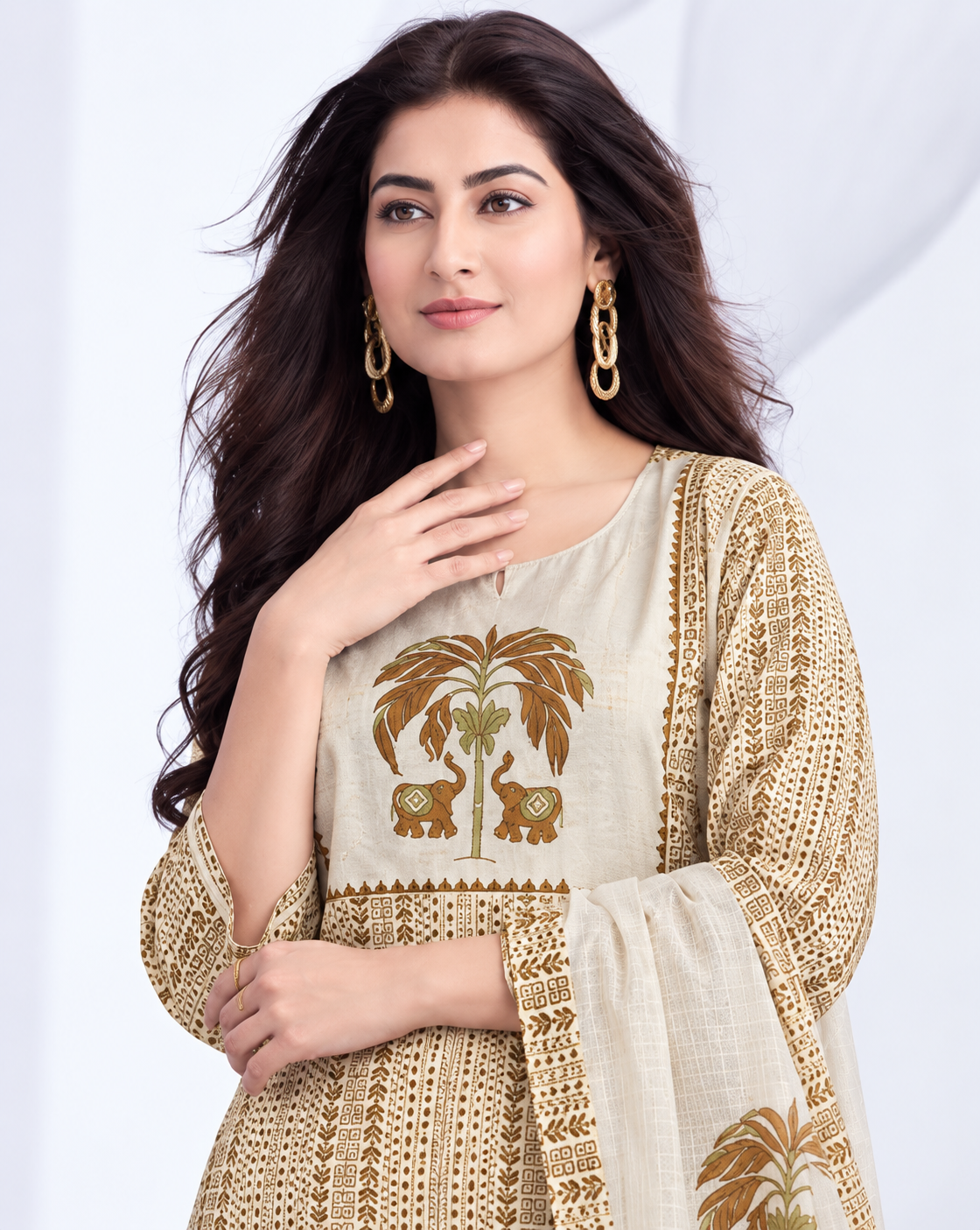 Off White in mustard tone printed cotton kurta and pant with dupatta - Image 4