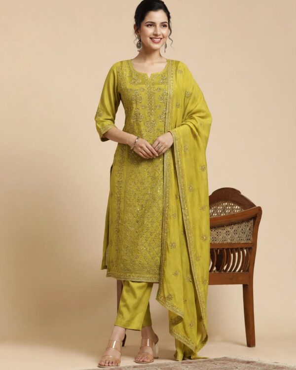 Lime Green Embroidered Mul Chanderi Kurta and pant with Dupatta