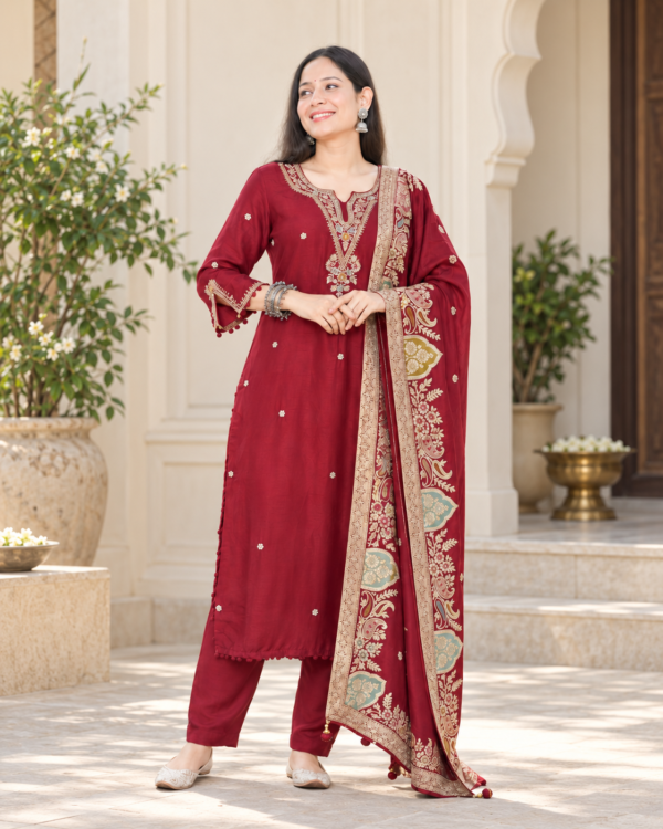 Maroon Embroidered Dola Silk Kurta and Pant with dupatta