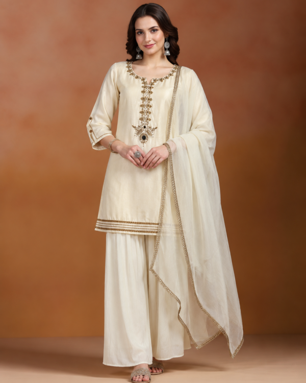 Ivory Embroidered Dola Silk Kurta and Palazzo with dupatta