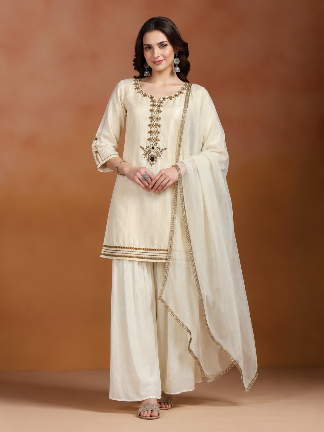 Ivory Embroidered Dola Silk Kurta and Palazzo with dupatta