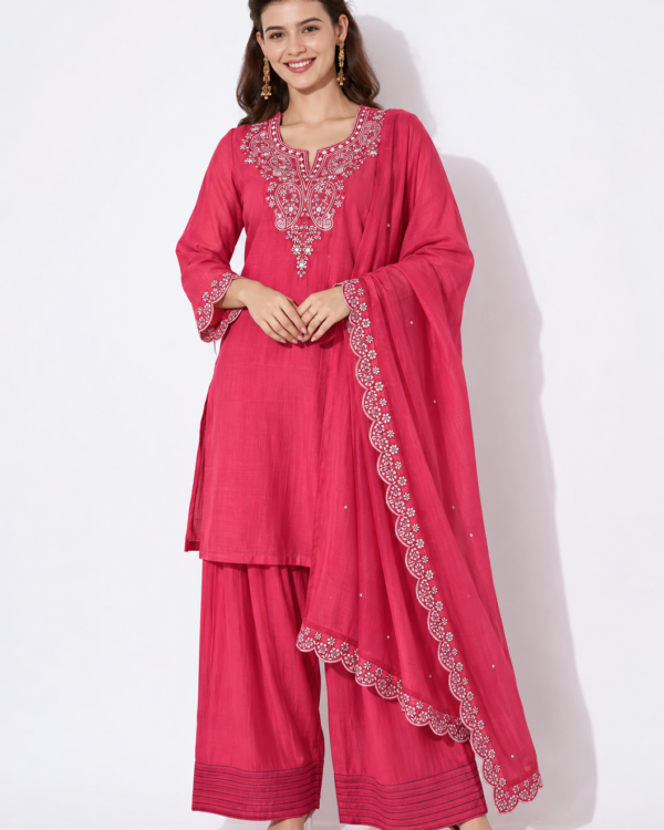 Pink Embroidered Mul Chanderi Kurta and Pant with Dupatta