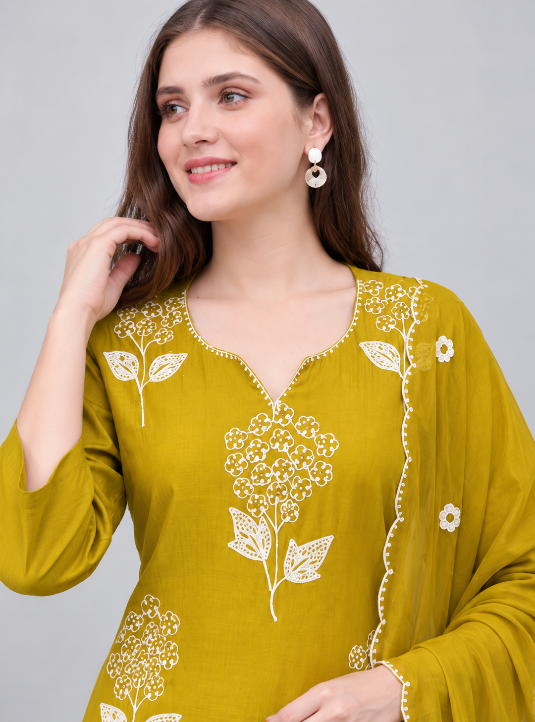 Mustard Yellow Embroidered Chanderi Kurta and pant with dupatta - Image 3