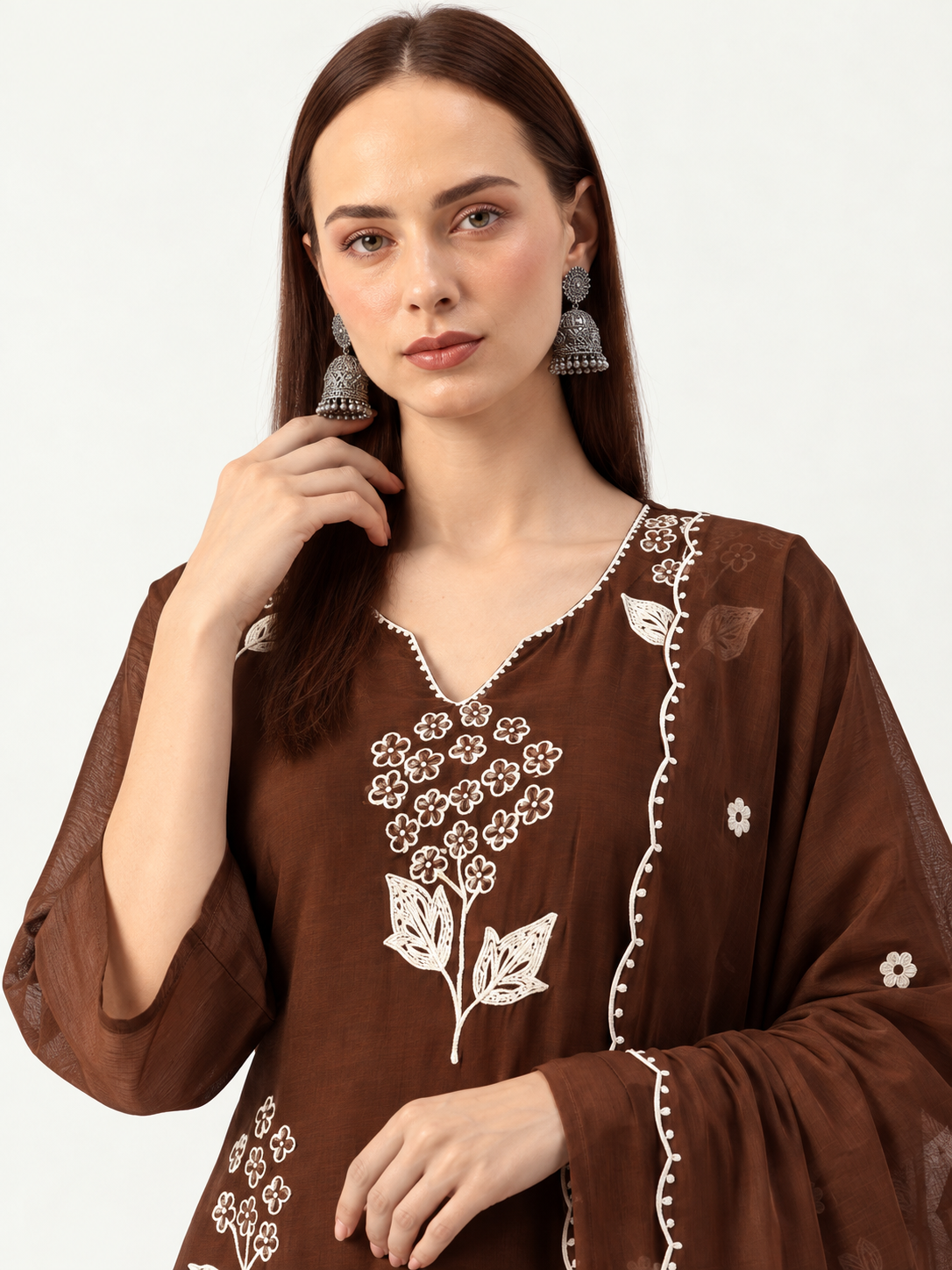 Brown Embroidered Chanderi Kurta and pant with dupatta - Image 3