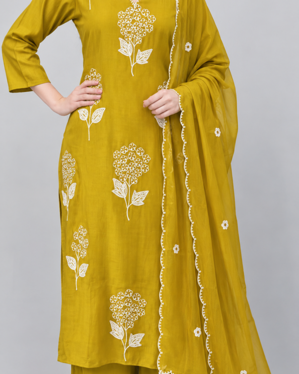 Mustard Yellow Embroidered Chanderi Kurta and pant with dupatta