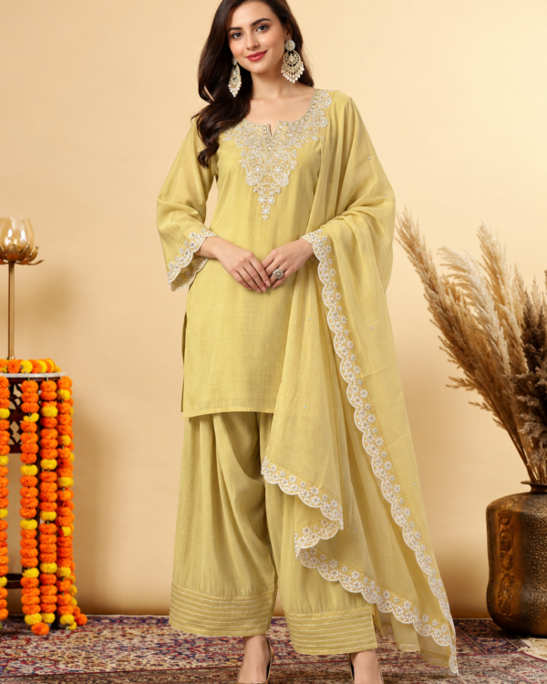 Cream Embroidered Mul Chanderi Kurta and Pant with Dupatta