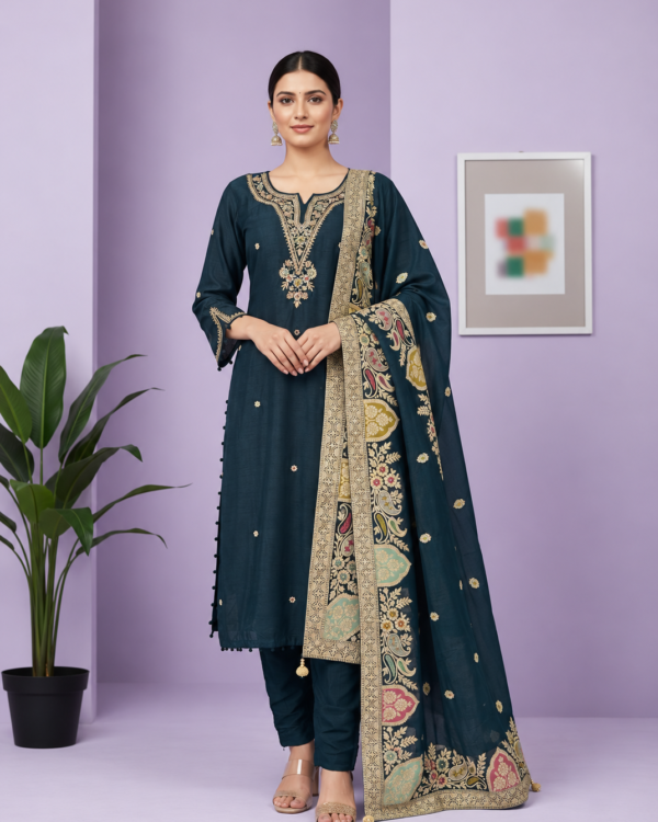 Navy Blue Embroidered Dola Silk Kurta and Pant with dupatta
