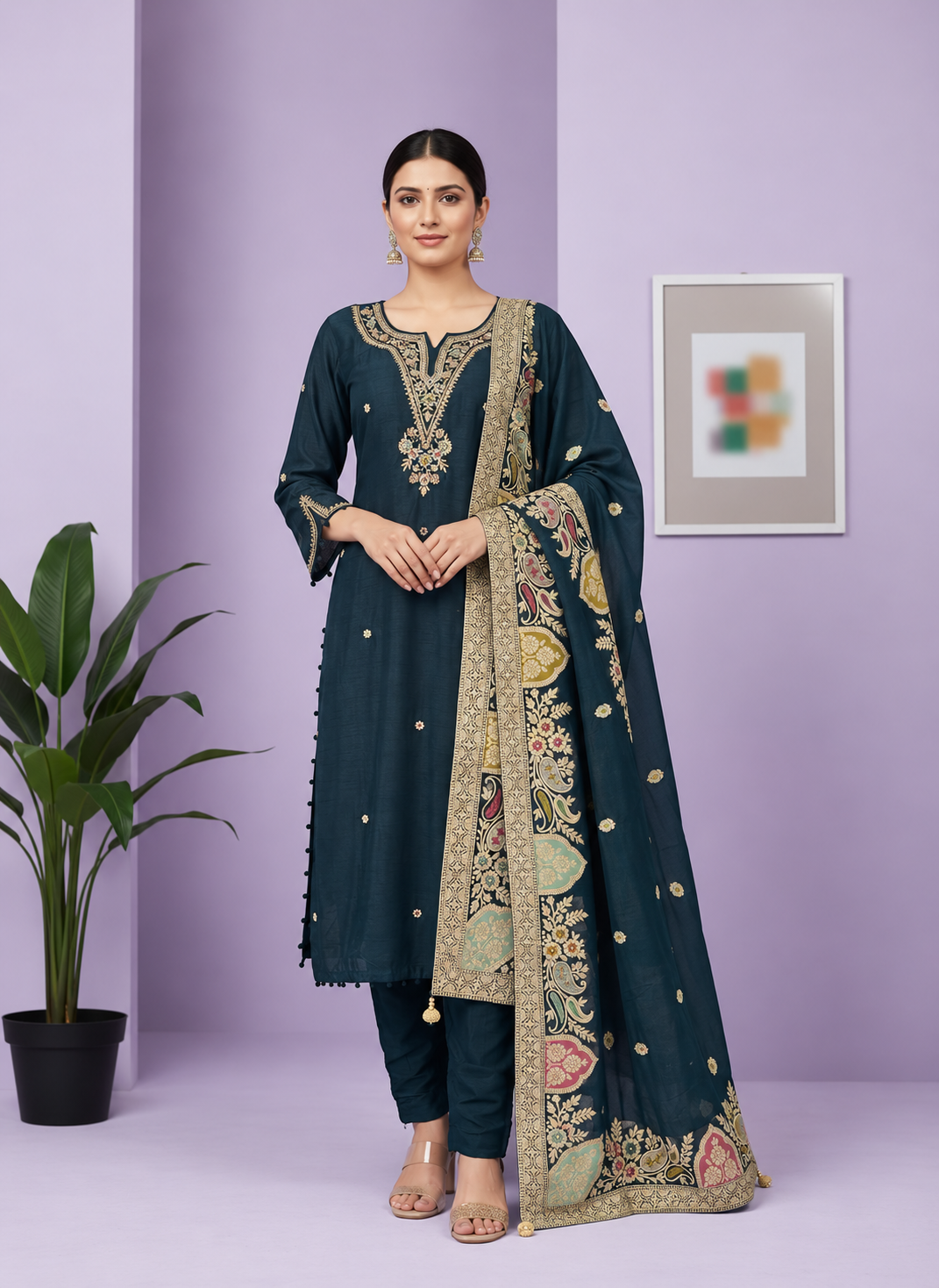 Navy Blue Embroidered Dola Silk Kurta and Pant with dupatta