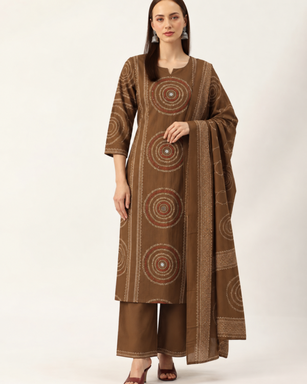 Brown Printed Cotton Kurta and pant with dupatta