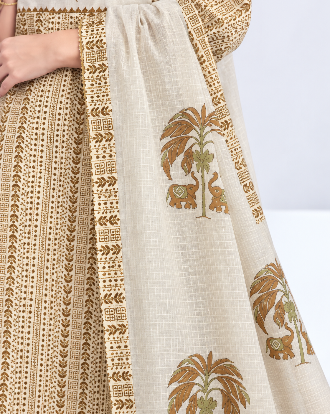 Off White in mustard tone printed cotton kurta and pant with dupatta - Image 3