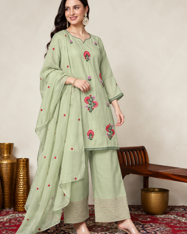 Mint Green Embroidered Mul Chanderi Kurta and pant with Dupatta