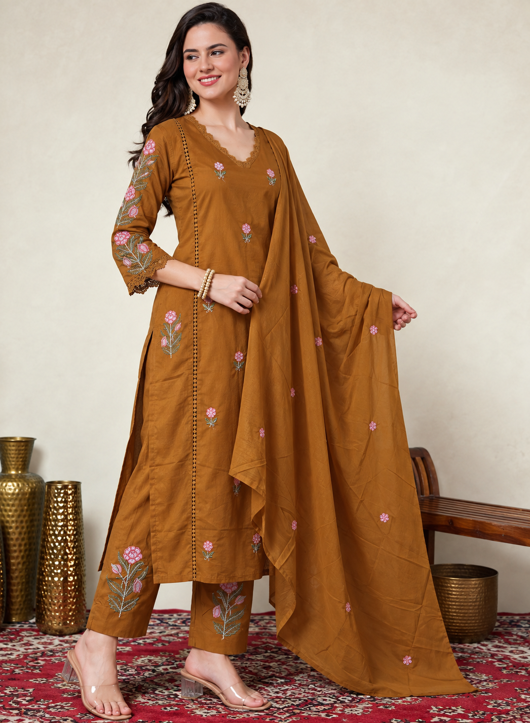 Mustard Floral Embroidered Mul Cotton Kurta and pant with Dupatta