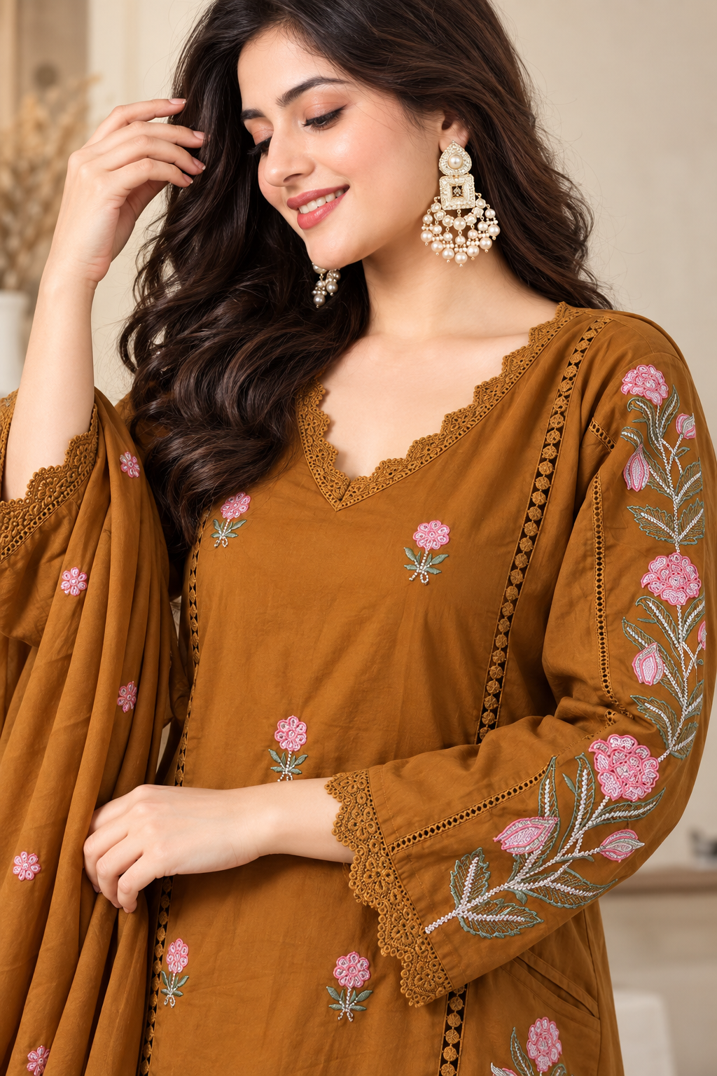 Mustard Floral Embroidered Mul Cotton Kurta and pant with Dupatta - Image 3